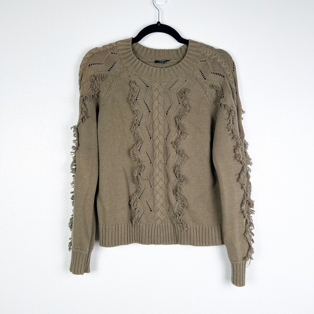 Rails Francis Cable Knit Fringe Sweater Olive Green XS Pullover‎ Crew Neck - Picture 2 of 7
